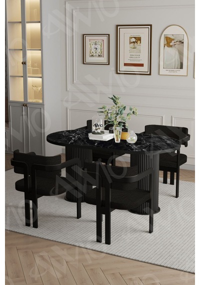 Avvio Marco Ptt Lake Mdf Ayak 4'lü Tokyo Metal Demonte Sandalye 80x140 Masa Sandalye Takımı Siyah Mermer