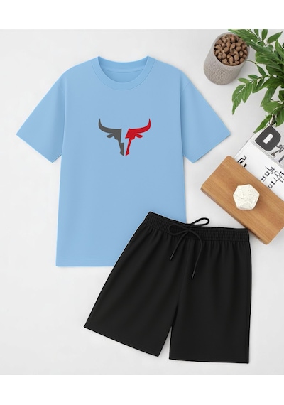 Uyguntarz Unisex Boğa Baskılı Tasarım Şort Takım Bebe Mavi