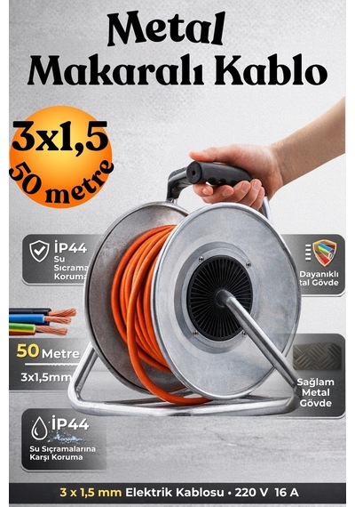 Makaralı Seyyar Uzatma Kablosu 50 Metre Kapaklı 4 Prizli Metal Makaralı 3x1.5 Mm 50 Mt 4'lü Priz Uzatma Kablosu 3x1.5 Mm Metre 50 M