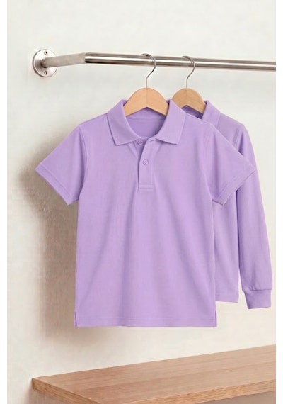 Nacar Store Unisex Çocuk Uzun Ve Kısa Kollu Polo Yaka Okul Tişörtü 2'li Set Lila