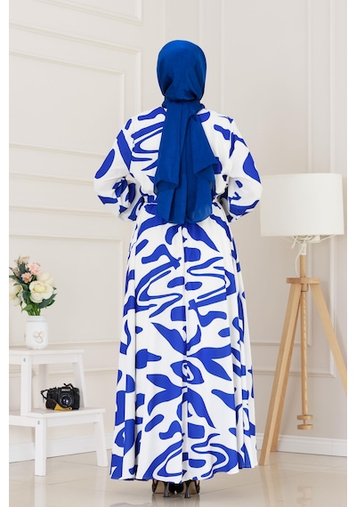 Sevitli Geometrik Desenli Elbise-beyaz-3895 Beyaz
