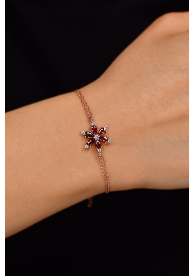 Roza Silver Yakut Taşlı Rose Lotus Çiçeği Gümüş Bileklik