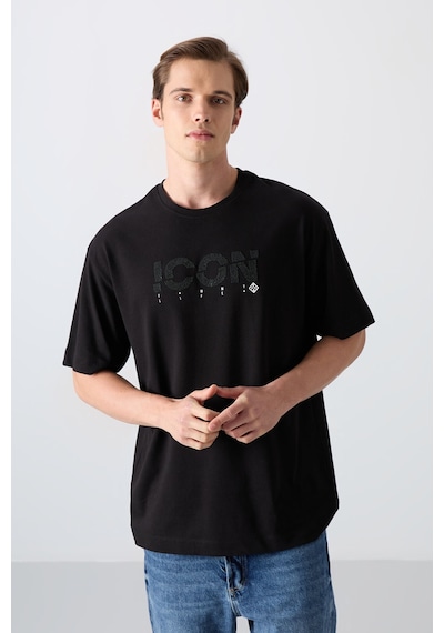 Tommy Life Siyah Pamuklu Kalın Yumuşak Dokulu Oversize Fit Baskılı Erkek T-shirt - 88331 Siyah