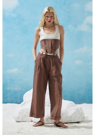 Sagaza Studio Ss6153 Kemerli Cep Detaylı Bol Pantolon Kahve