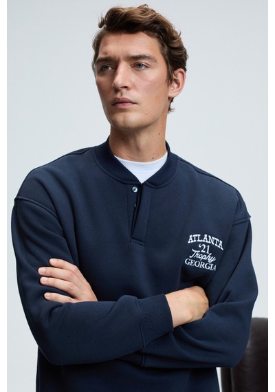 Grimelange JETHRO Erkek Bomber Yaka Patlı Düğmeli Göğsü Nakışlı Relaxed Fit Lacivert Sweatshirt