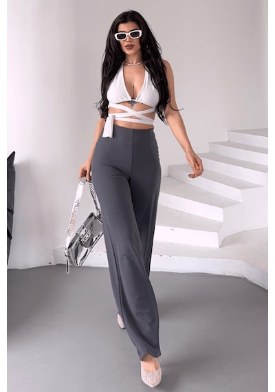 Paw Garage Kadın Silver Likralı Kemersiz Palazzo Pantolon, 4 Mevsim Krep Toparlayıcı Kumaş Füme Paw Garage Kadın Silver Likralı Kemersiz Palazzo Pantolon, 4 Mevsim Krep Toparlayıcı Kumaş Füme