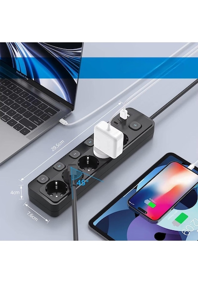 2 Mt Kablolu Power Tuşlu Isıya Dayanaklı 5'li Grup Priz Uzatma 2x Usb 2x Type-c Çıkışlı Priz Uzatma 2 M