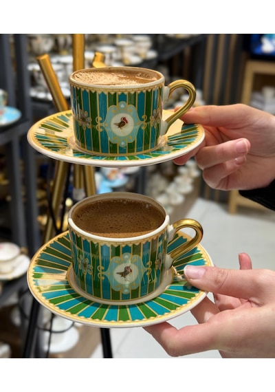 2 Kişilik Green Bird Double Kahve Fincanı-4657 Yeşil