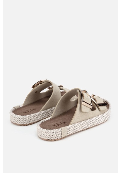 Yaya Kadın Bej Hasır Dokulu Çift Bantlı Toka Detaylı Terlik