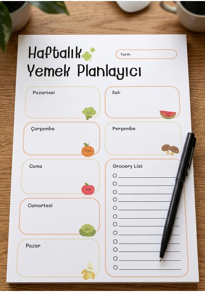 A4 Haftalık Yemek Planlayıcı 50 Yaprak Renkli Çok Renkli