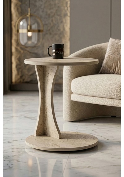 Reyo Falez Yan Sehpa Modern C Sehpa Minimal Tasarım Yuvarlak Orta Sehpa Salon Koltuk Yanı 6098 Traverten Krem