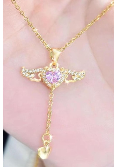 Hareketli Kanatlı Kalpli Pembe Taşlı Kadın Çelik Kolye Eck49s
