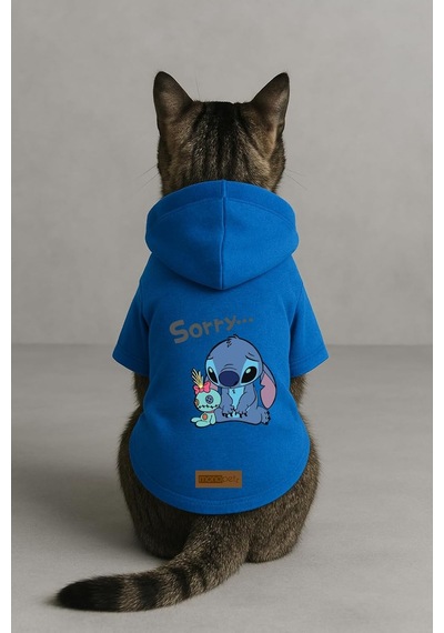 Baskılı İçi Polarlı Köpek Ve Kedi Kıyafeti & Elbisesi - Mavi Renk Kapüşonlu Hoodie Bfb4e S