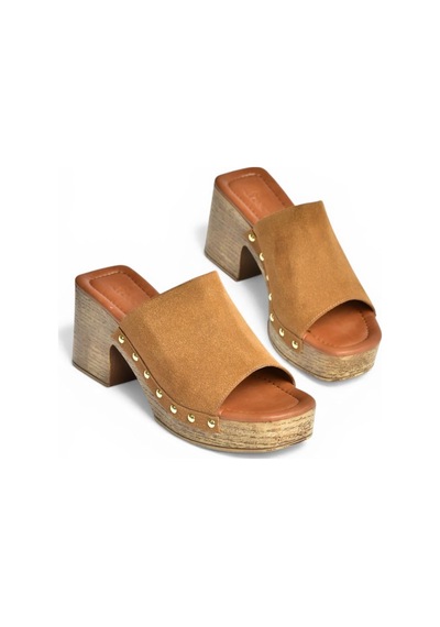 Fox Shoes Y996594002 Taba Süet Kalın Topuklu Kadın Terlik