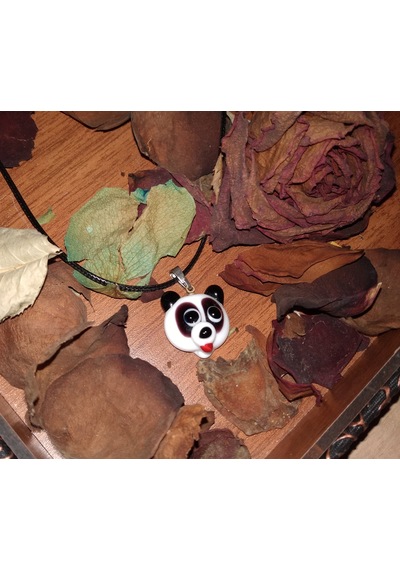 Handmade El Yapimi Murano Cam Kolye-Panda Modeli Gümüş