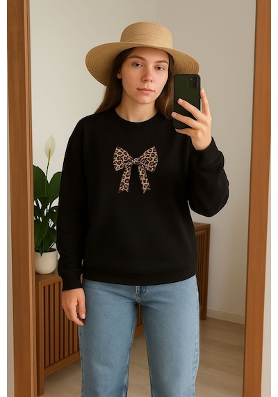 Benroma 3 İplik Penye Kurdela Baskılı Unisex Sweatshırt SIYAH