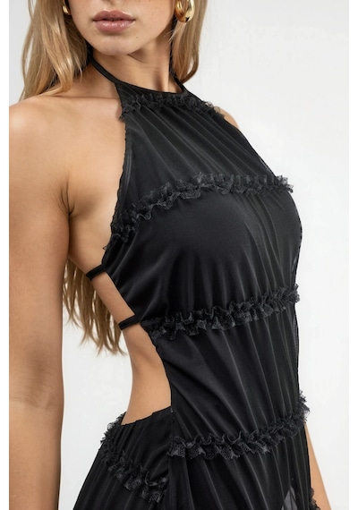 Hiccup Halter Yaka Dokulu Maxi Elbise Siyah