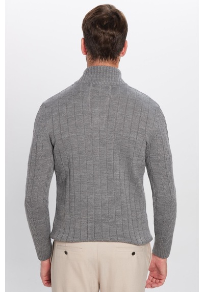 Tudors Erkek Slim Fit Dar Kesim Yumuşak Dokulu Desenli Dik Yaka Düğmeli Triko Gri Kazak-29887 Gri