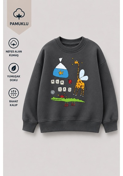 Monila Erkek Çocuk 3 İplik Kumaş Zürafa Baskılı Pamuklu Sweatshirt Antrasit