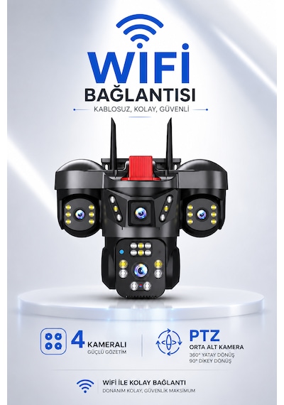 4 Kameralı 12mp Wifi Adaptörlü Gece Görüşlü Hareket Bildirimi Gönderen Güvenlik Kamerası