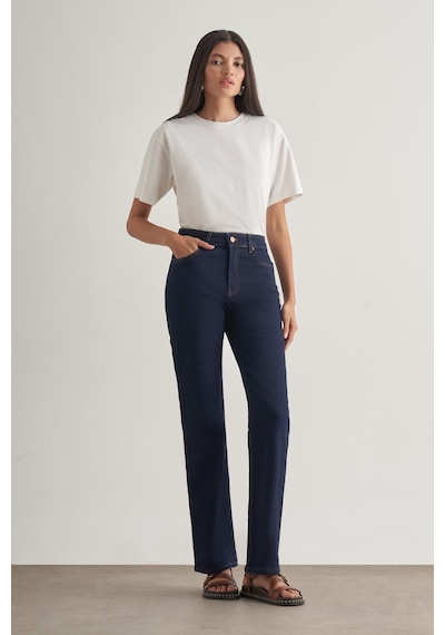 Mizalle Straight Fit Yüksek Bel Lacivert Denim Pantolon Lacivert