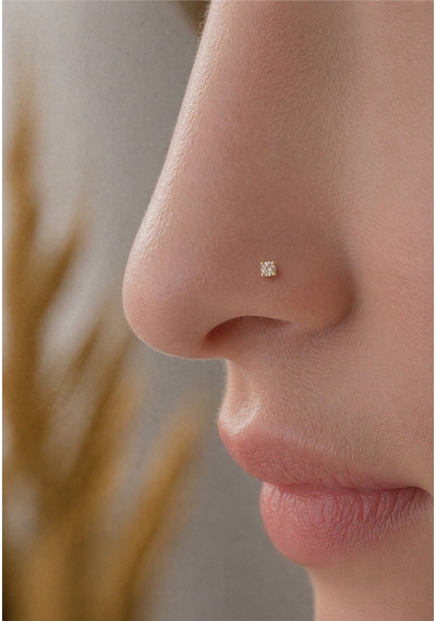 Altın Orta Boy Tektaş Geçmeli Hızma Burun Piercing 14 Ayar
