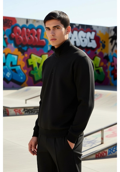 Benerly Erkek Dik Yaka Standart Kol Sweatshirt Pamuk Polyester siyah