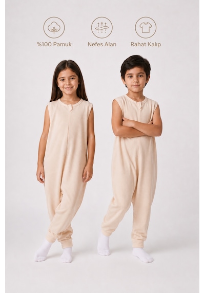 Babyhola 1 Tog Yazlık Çocuk Uyku Tulumu 1-8 Yaş Unisex Kısa Kollu %100 Pamuk Waffle 2702 Bej