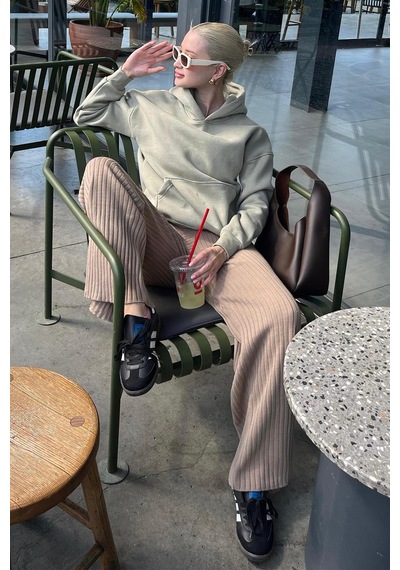 Çağla Yeşili Kapüşonlu Şardonlu Oversize Cepli Sweatshirt Mg2206 Yeşil