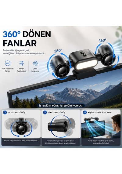 Polham Çift Fanlı Klipsli Led Monitör Lambası 360 Dönebilen Fan, 5 Kademe Hız, Sessiz Çalışma, Usb