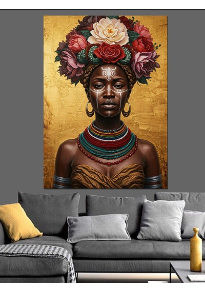 Kırmızı Çiçek Başlıklı Afrika Kadın Dekoratif Kanvas - Mdf Ahşap Tablo