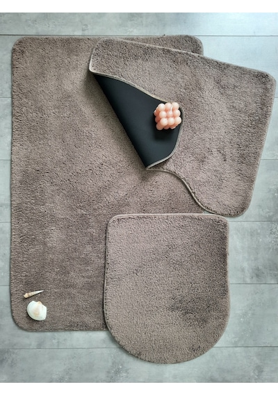Ultrasoft Düz Kapuçino 3 Lü Banyo Halısı Paspası Seti Kaymaz Kahverengi