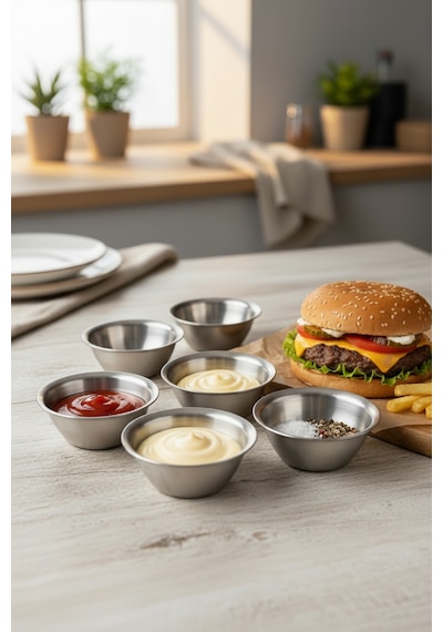 Akayev Aurea 6lı Paslanmaz Çelik Burger Yanı Sosluk, Reçellik 6 Cm Gümüş
