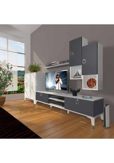 Decoraktiv Eko 6da Mdf Dvd Gold Tv Ünitesi Tv Sehpası Beyaz - Antrasit