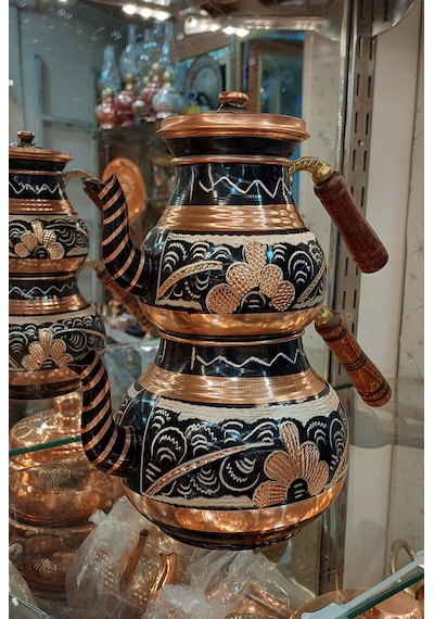 Bakır Çaydanlık El Işlemesi Çiçek Desenli Siyah Renk İşlemeli