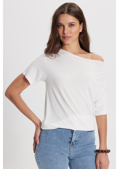 Tudors Kadın Oversize Rahat Kesim Asimetrik Yaka Kısa Kol Ekru Viskon Bluz-50856