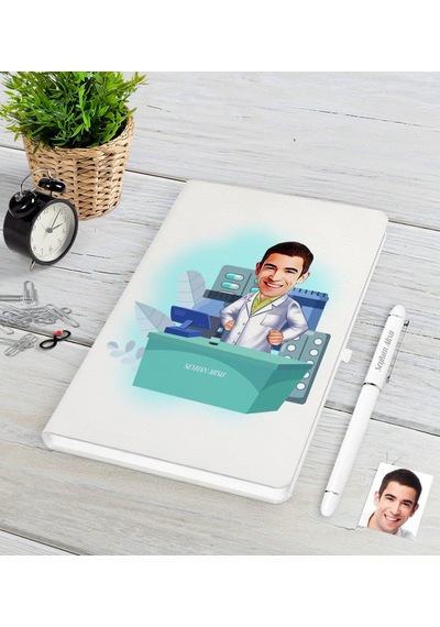 Kişiye Özel Bay Eczacı Karikatürlü Beyaz Defter Kalem Seti-4