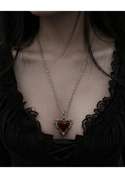 Gotik Kırmızı Kalp Kolye Gümüş Renk Zincir Unisex Vintage Tasarım Çok renkli