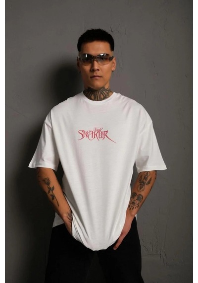 Erkek Baskılı T-shirt Oversize Kısa Kol Bisiklet Yaka Tişort - Beyaz Beyaz