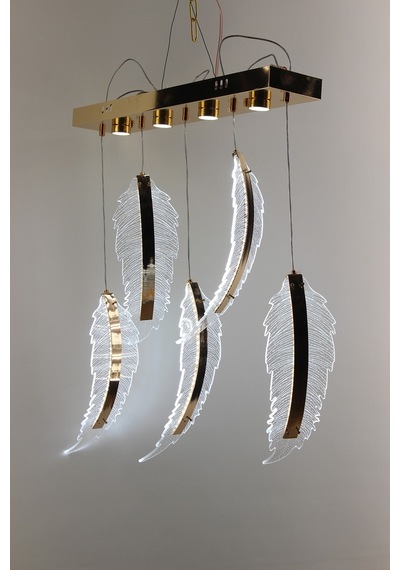 Lüks Gold Detaylı Kuş Tüyü Formlu Akrilik 5'li Sıralı Serisi Modern Led Avize
