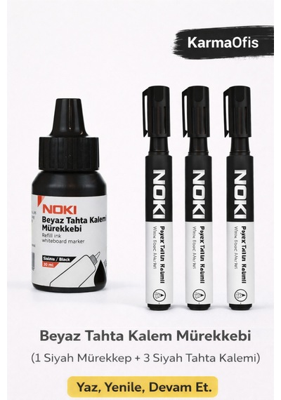 Siyah Tahta Kalemi + Mürekkep Seti 1 Mürekkep + 3 Kalem Siyah