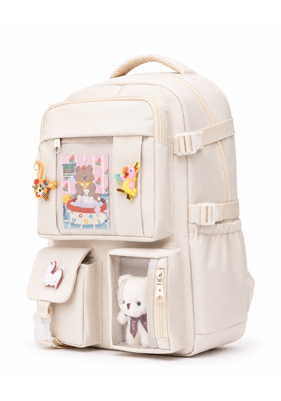 Quovo Kawaii Bag Club Kore Tarzı Full Aksesuarlı Ortopedik Günlük Yeni Okul Sırt Çantası Krem
