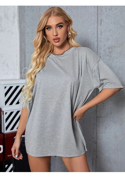 Gri Basic Düz Baskısız Oversize Salas Boyfriend Kadın T-shirt Gri
