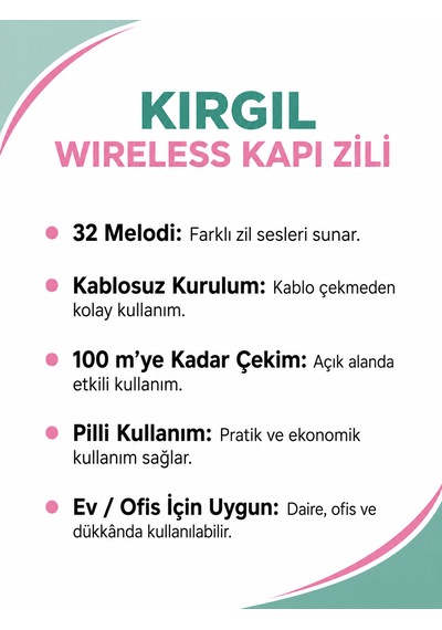 Kırgıl Wireless Kablosuz Kapı Zili 32 Melodili Pilli Kapı Zili