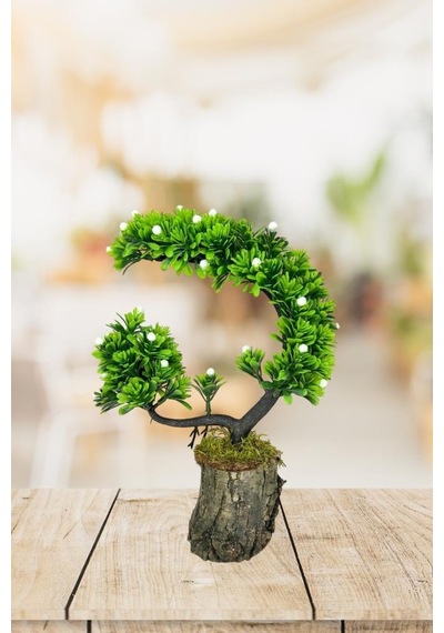 Yapay Çiçek Bonsai Ağacı Kütük Saksıda Beyaz Tomurcuklu Hilal Model Dekoratif Yapay Ağaç Bonzai 30 20 Cm