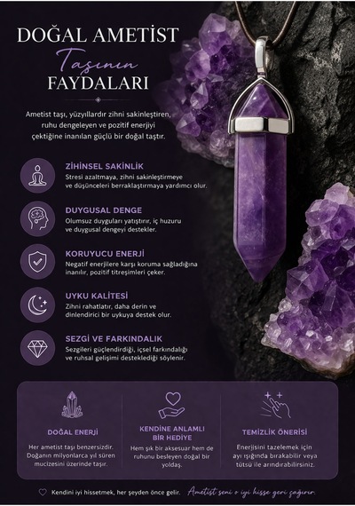 Doğal Ametist Taşlı Kolye Mor Kristal Uçlu, Şık Ve Enerji Taşı Kolye