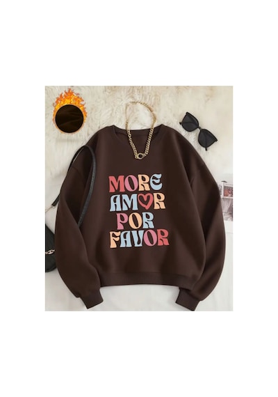 Herkesemoda More Amor Baskı Desen Detaylı Bisiklet Yaka Sweatshirt Kahverengi