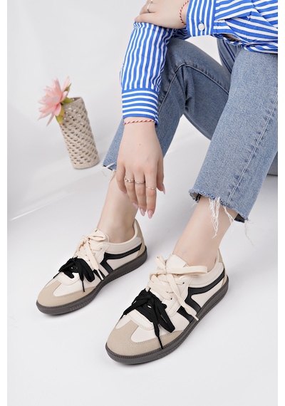Muggo Retro Çift Bağcıklı Günlük Kadın Sneaker Spor Ayakkabı - Bej