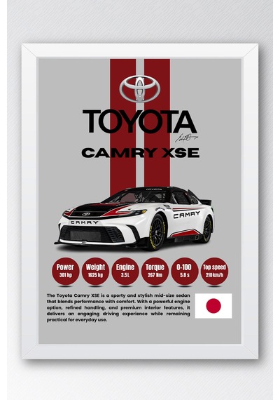 Toyota Camry Xse Premium Spor Araba Tablosu - Teknik Özellikli Otomobil Duvar Dekoru Beyaz