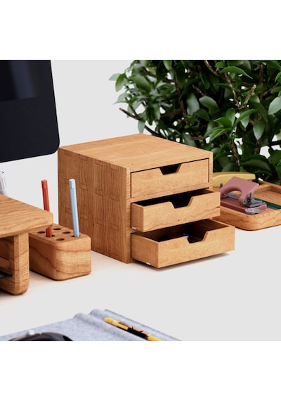 Desna Üç Katlı Üç Çekmeceli Dolap - Kiraz 18 Cm Uzunluk X 19 Cm Derinlik X 15.8 Cm Woodsaka Doğal Ahşap